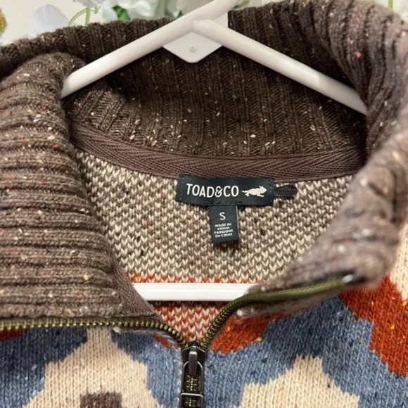 Toad&Co Rust Brown Blue Wilde 1/4 Zip Sweater Lambswool CabinCore Outdoor Size S - Picture 8 of 9